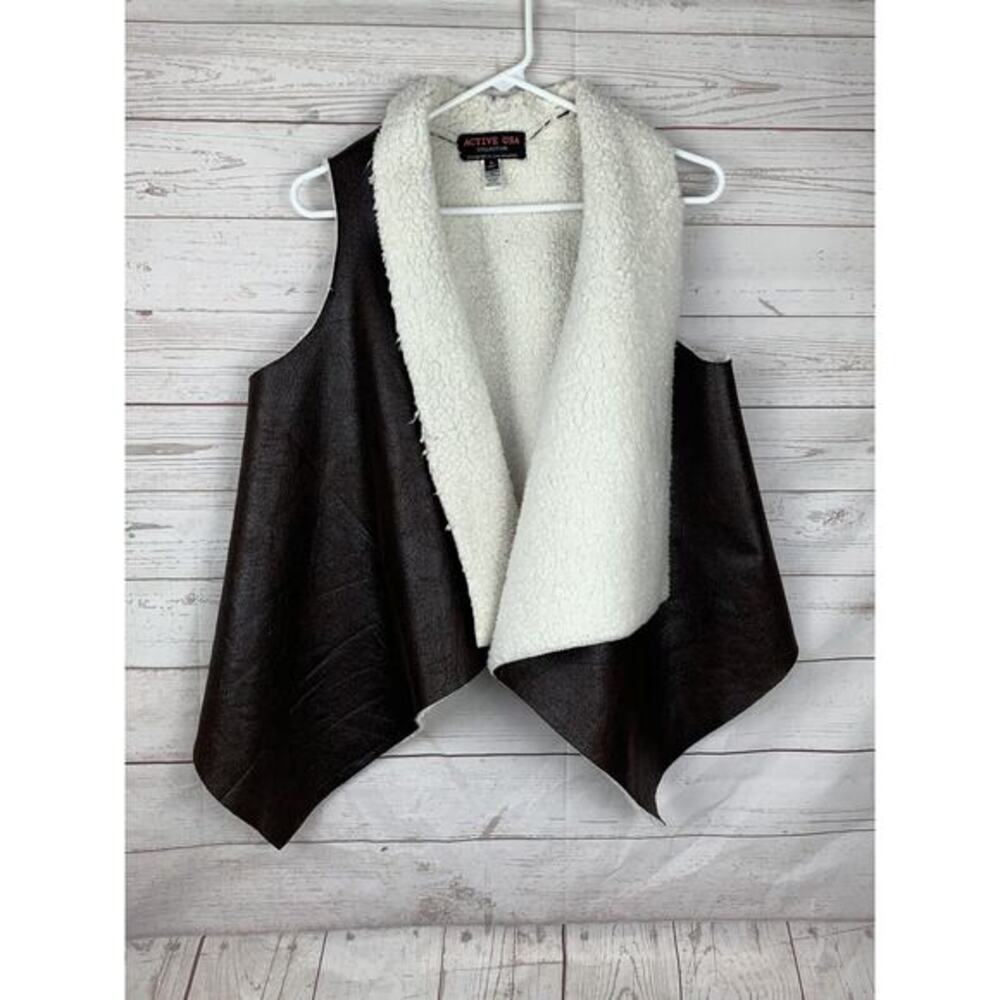 ACTIVE USA Collection Vest Womens small brown faux leather fur vest open front
